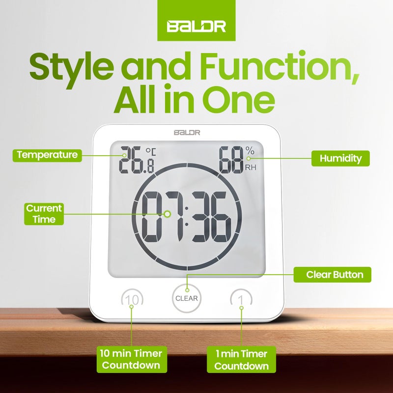 BALDR Digital Shower Clock with Timer - White - Water-Resistant Shower Timer  Countdown Timer Clock with Temperature and Humidity  Digital Clock for Shower  Bathroom Clock  Alarm Clock Battery Powered - Image 4